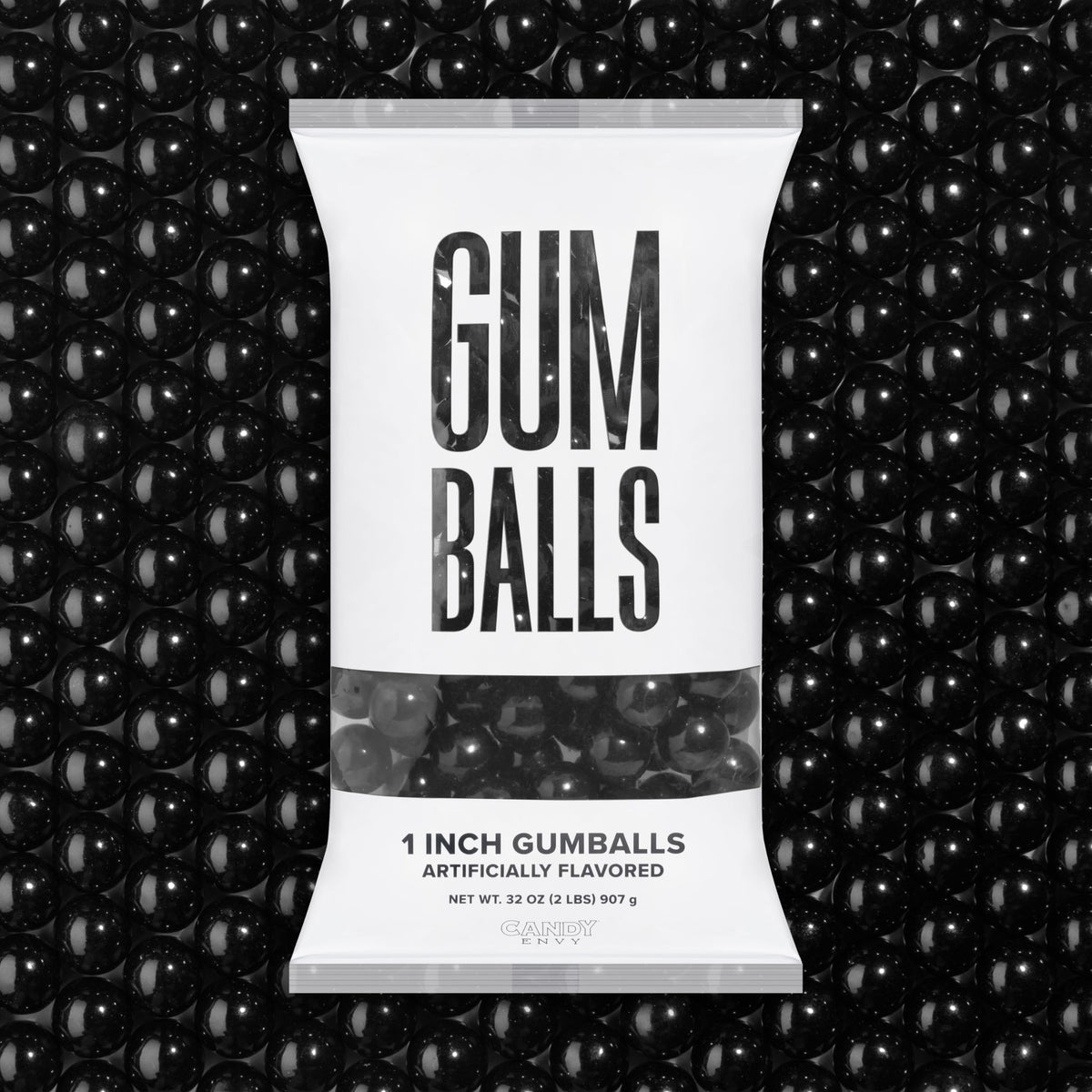 Candy Envy black gumballs 1-Inch bulk bag with classic unprinted candy for parties.
