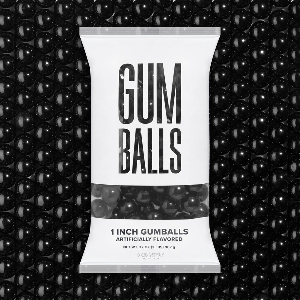 Candy Envy black gumballs 1-Inch bulk bag with classic unprinted candy for parties.