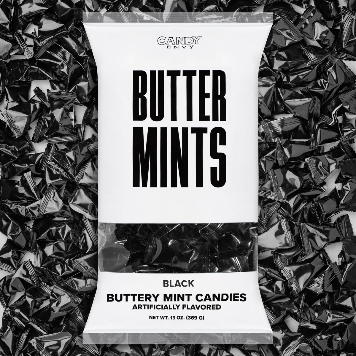 Candy Envy black-wrapped buttermints in 13oz bag for elegant gatherings.