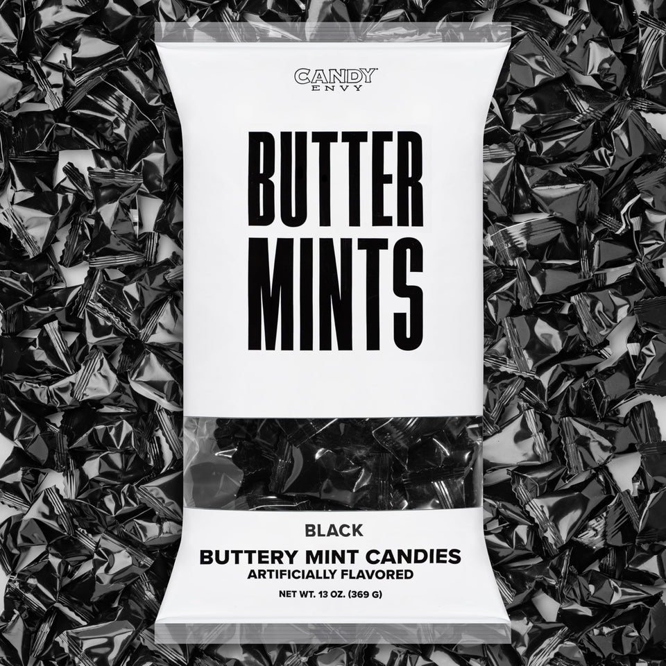 Candy Envy black-wrapped buttermints in 13oz bag for elegant gatherings.