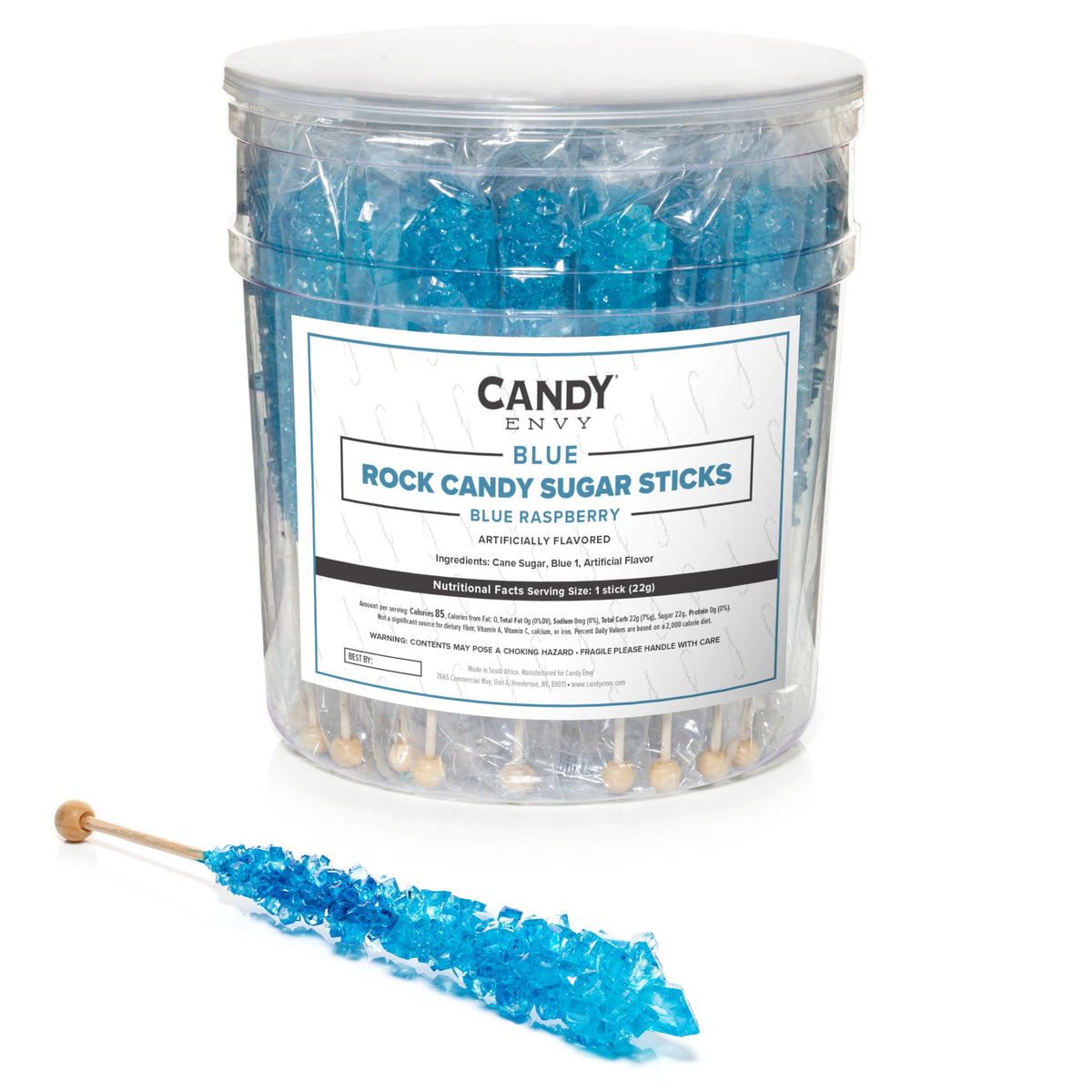Candy Envy blue rock candy stick pack in reusable tub, ideal for party favors.