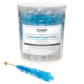 Candy Envy blue rock candy stick pack in reusable tub, ideal for party favors.