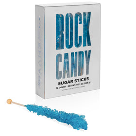 Candy Envy blue rock candy stick wrapped for party favors.