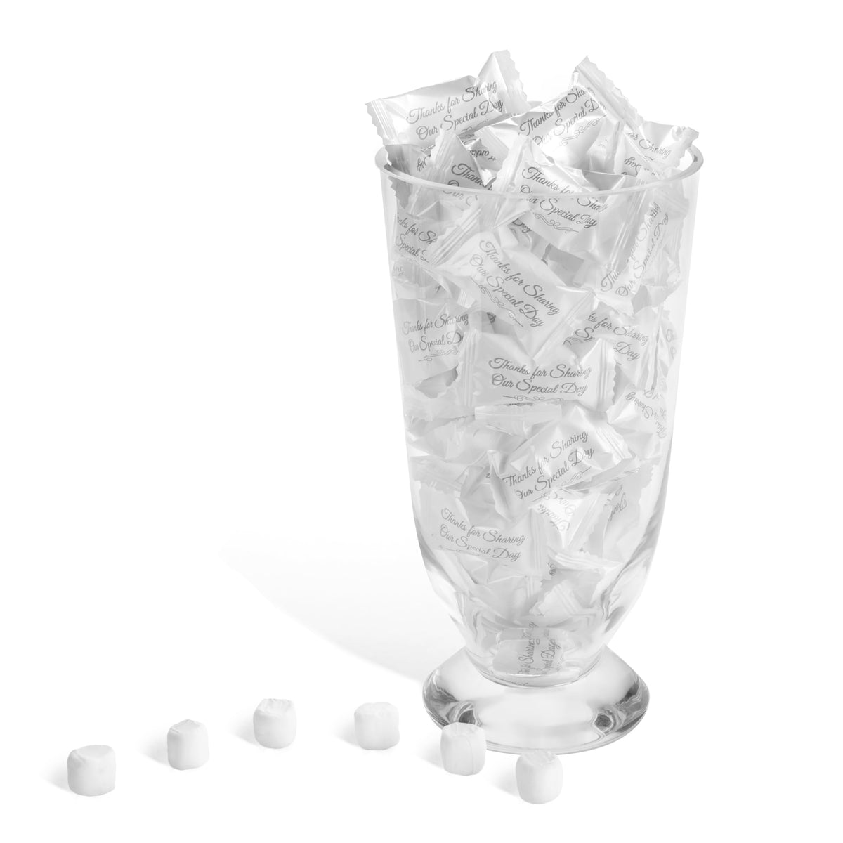 Candy Envy buttermints with printed wrappers enhance the celebration's gratitude.