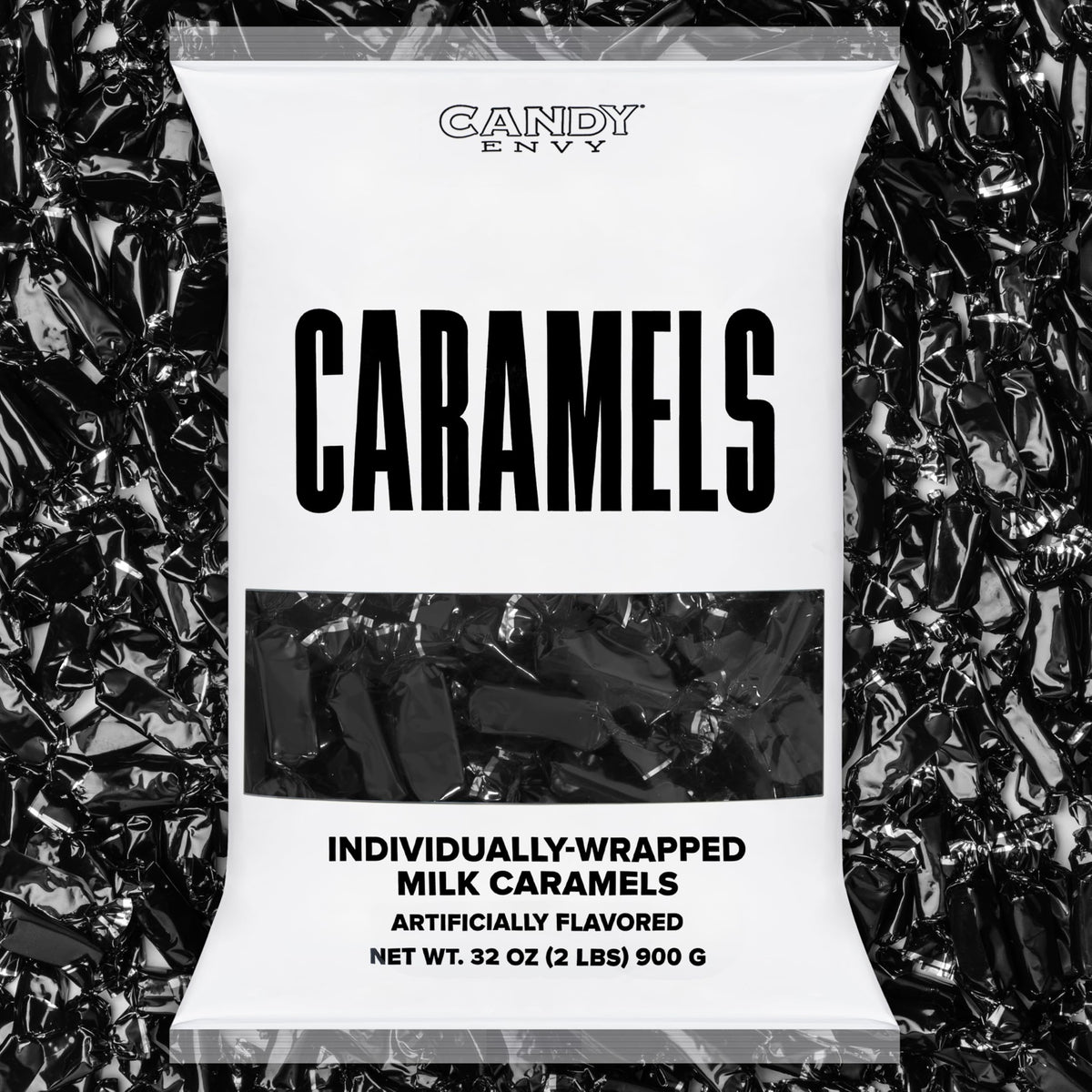 Candy Envy caramels with black wrappers close-up, ideal for gifting and sharing.