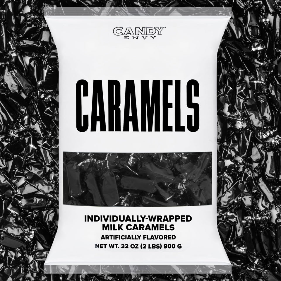 Candy Envy caramels with black wrappers close-up, ideal for gifting and sharing.