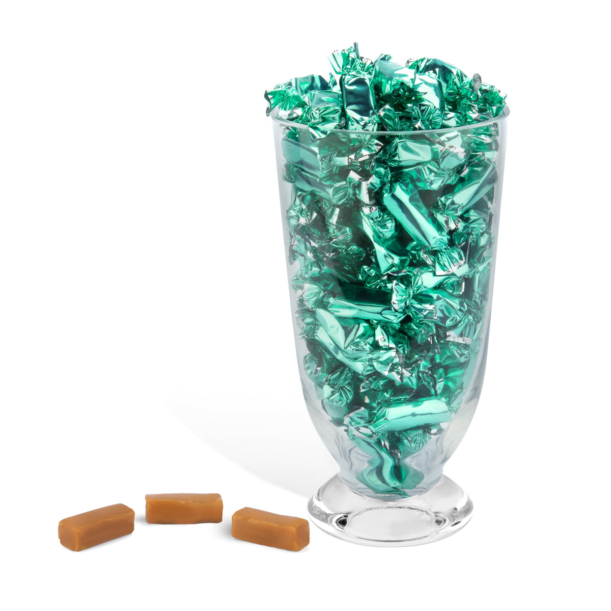 Candy Envy caramel-colored centers with turquoise wrappers for party displays.