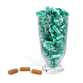 Candy Envy caramel-colored centers with turquoise wrappers for party displays.