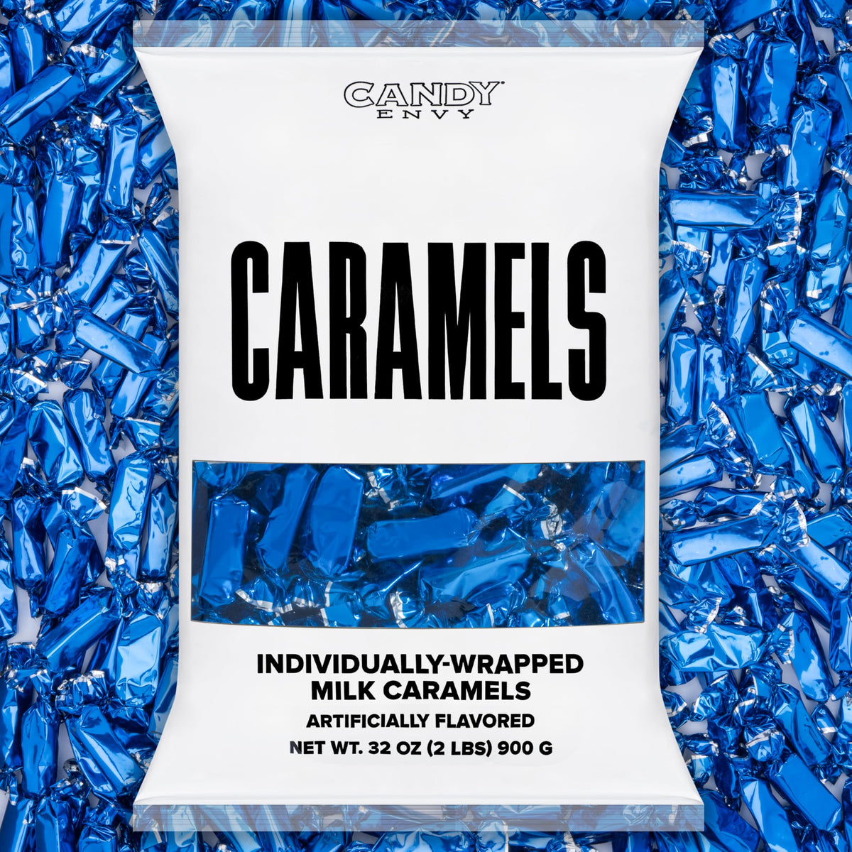 Candy Envy caramels with navy wrapper, premium presentation