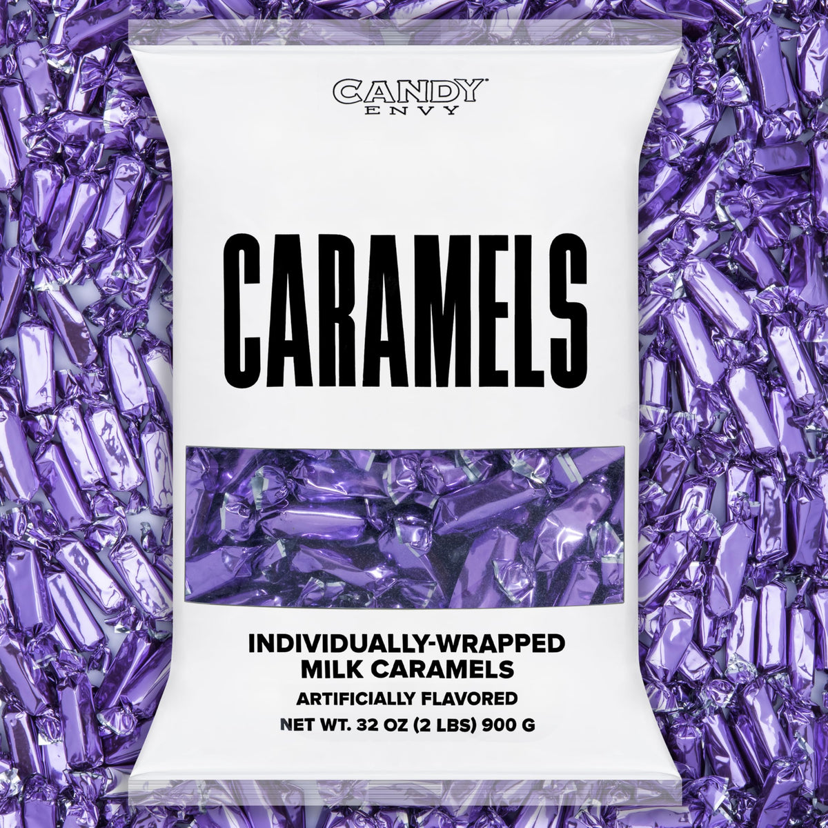 Candy Envy caramels in purple wrappers, premium gift-ready presentation.