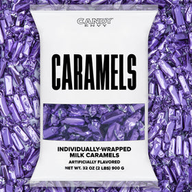 Candy Envy caramels in purple wrappers, premium gift-ready presentation.