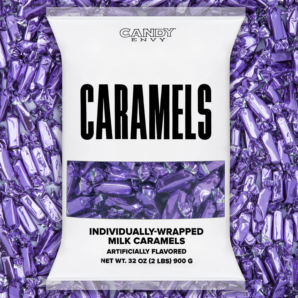 Candy Envy caramels in purple wrappers, premium gift-ready presentation.