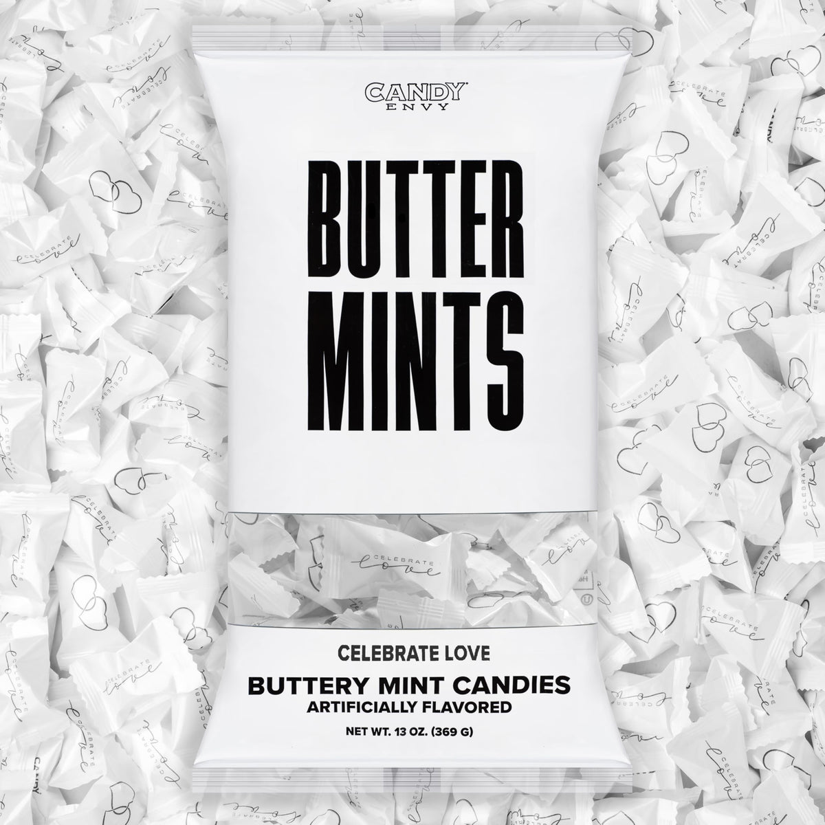 Candy Envy Celebrate Love buttermints in a 13 oz bag, ready for wedding guests.