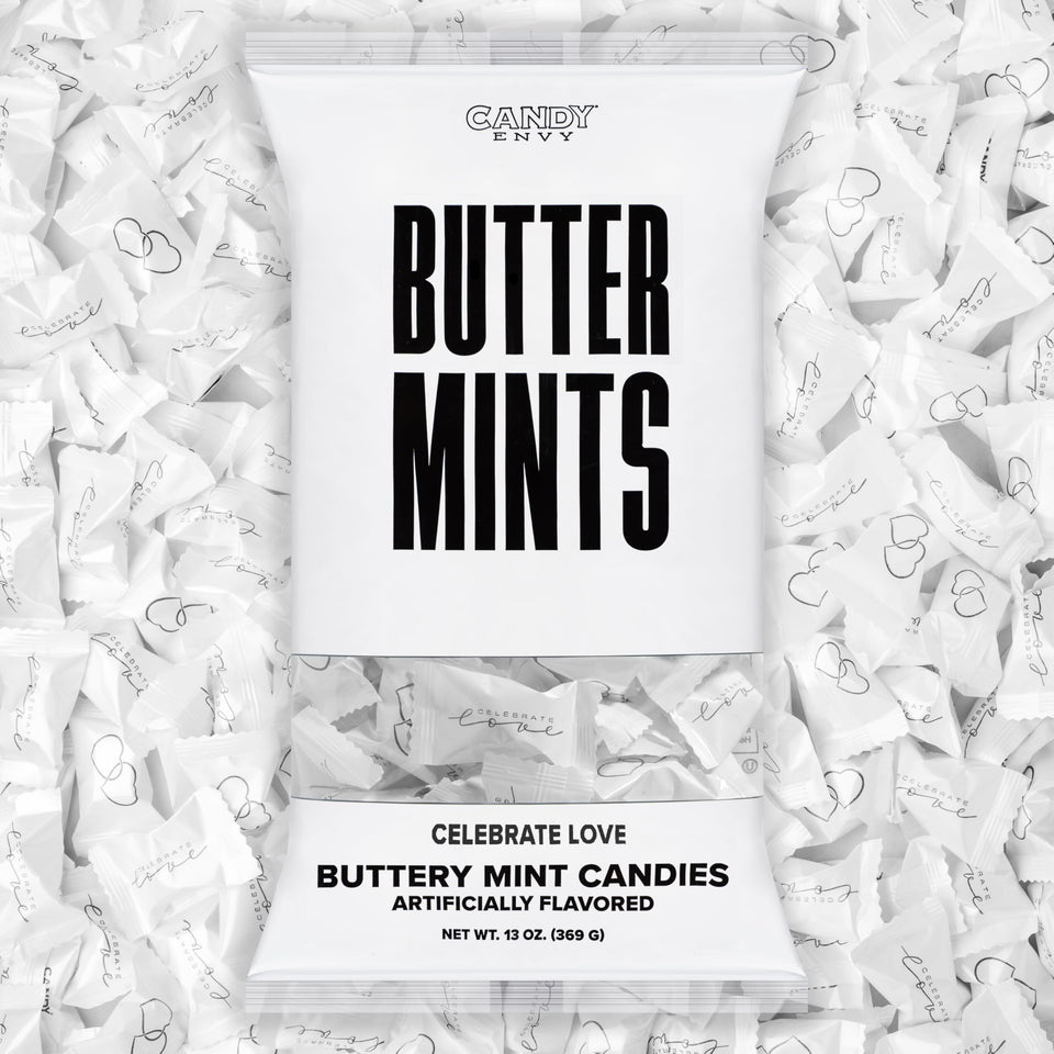 Candy Envy Celebrate Love buttermints in a 13 oz bag, ready for wedding guests.