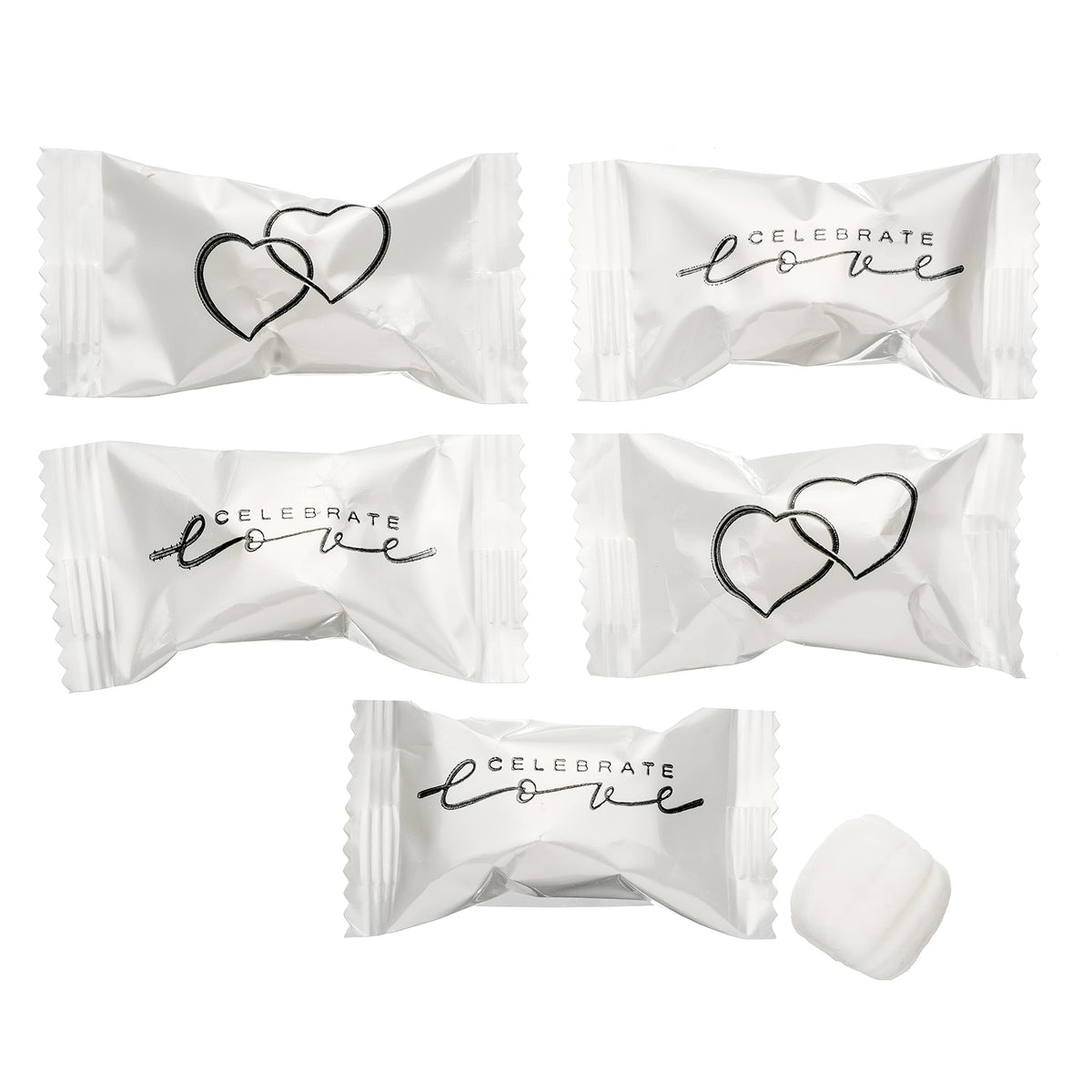 Close-up of Candy Envy Celebrate Love buttermints showing creamy melt and coating.