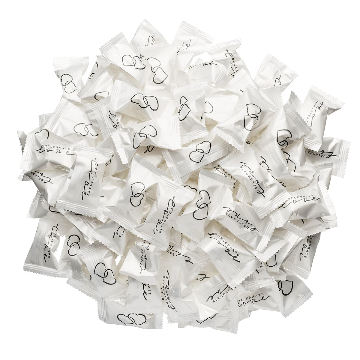 Guest favors featuring Candy Envy Celebrate Love buttermints in wrappers.