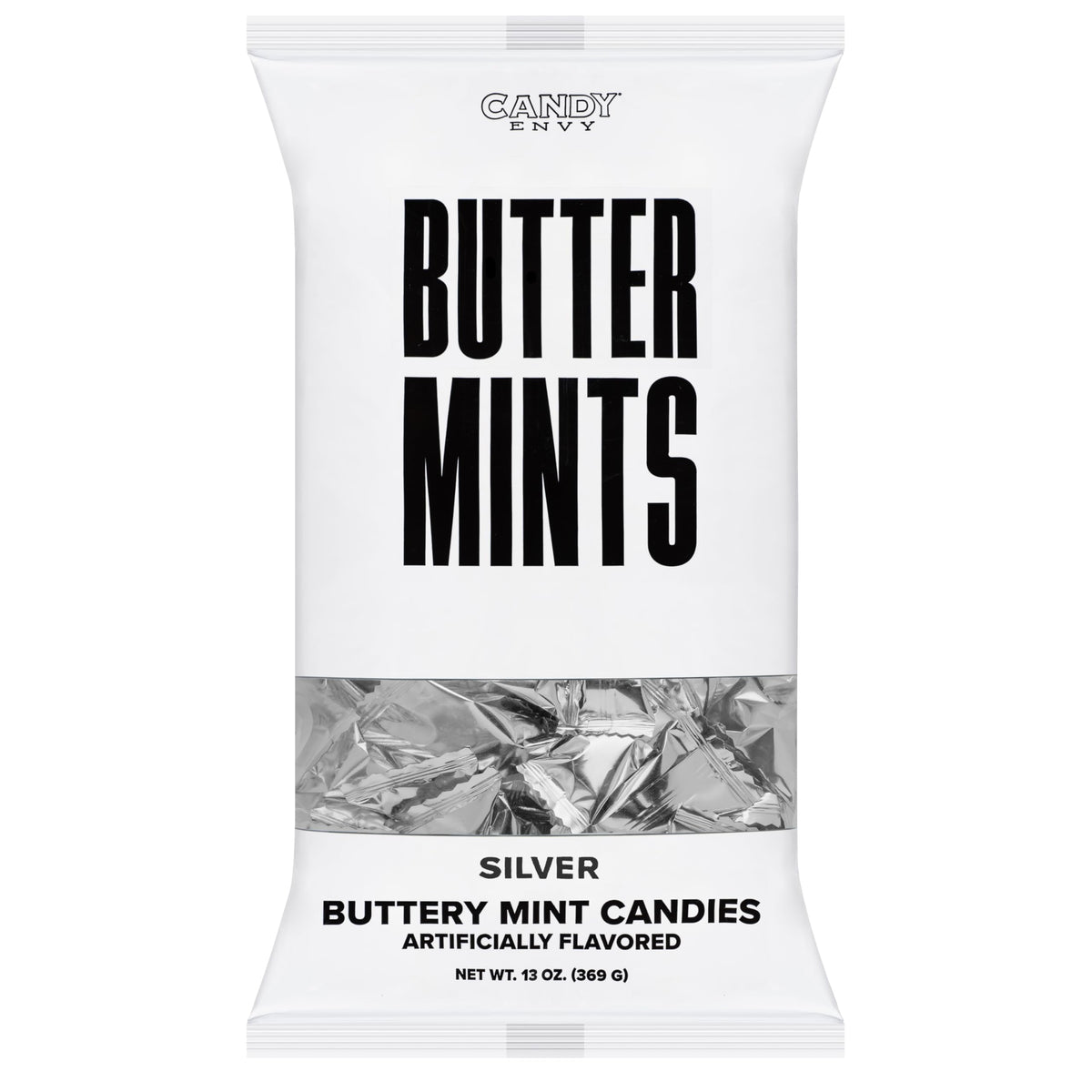 Candy Envy silver-wrapped mints for sophisticated table décor and guest treats.