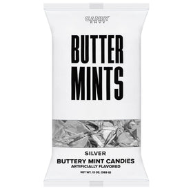 Candy Envy silver-wrapped mints for sophisticated table décor and guest treats.