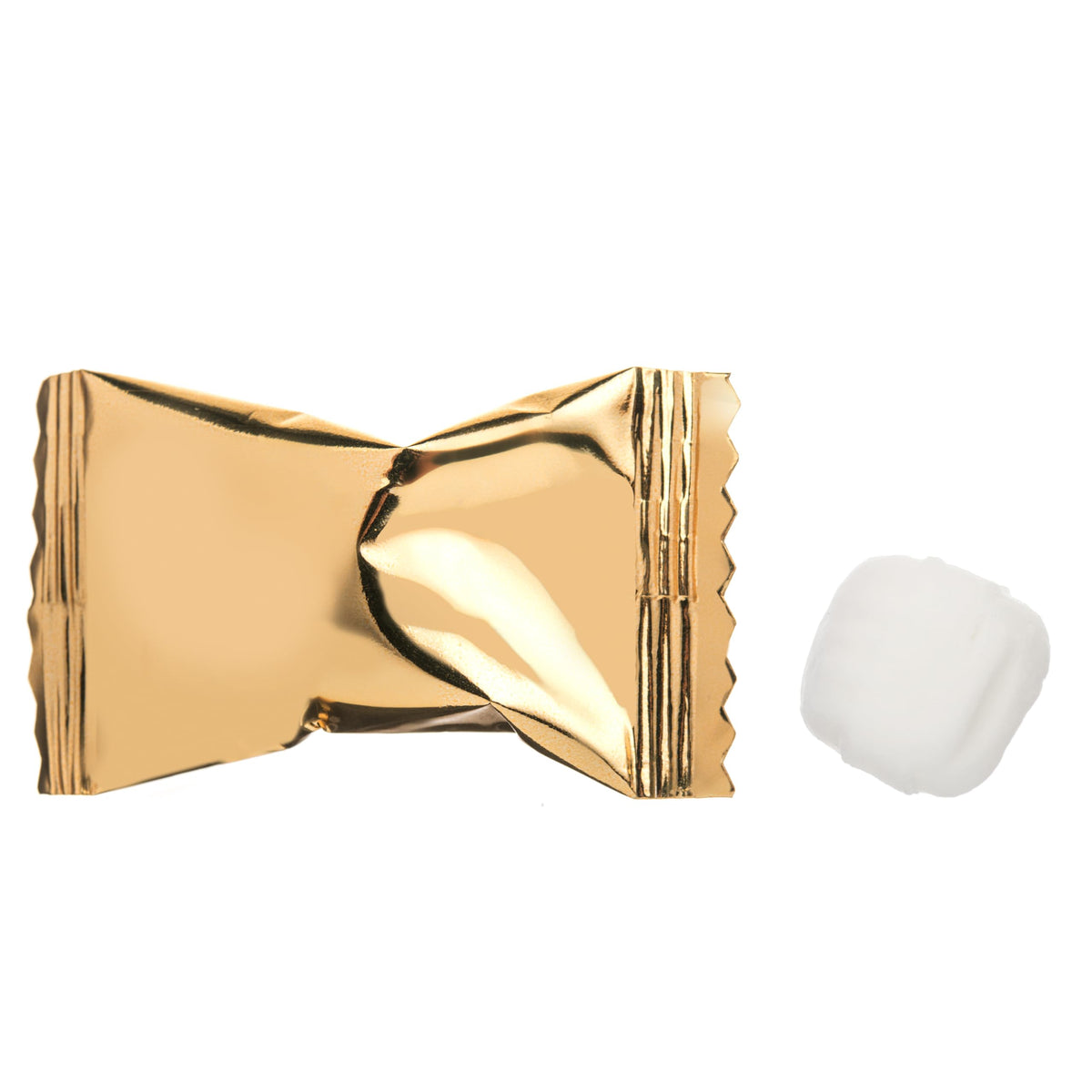 Close-up of gold foil detail on Candy Envy mint wrappers for premium presentation.
