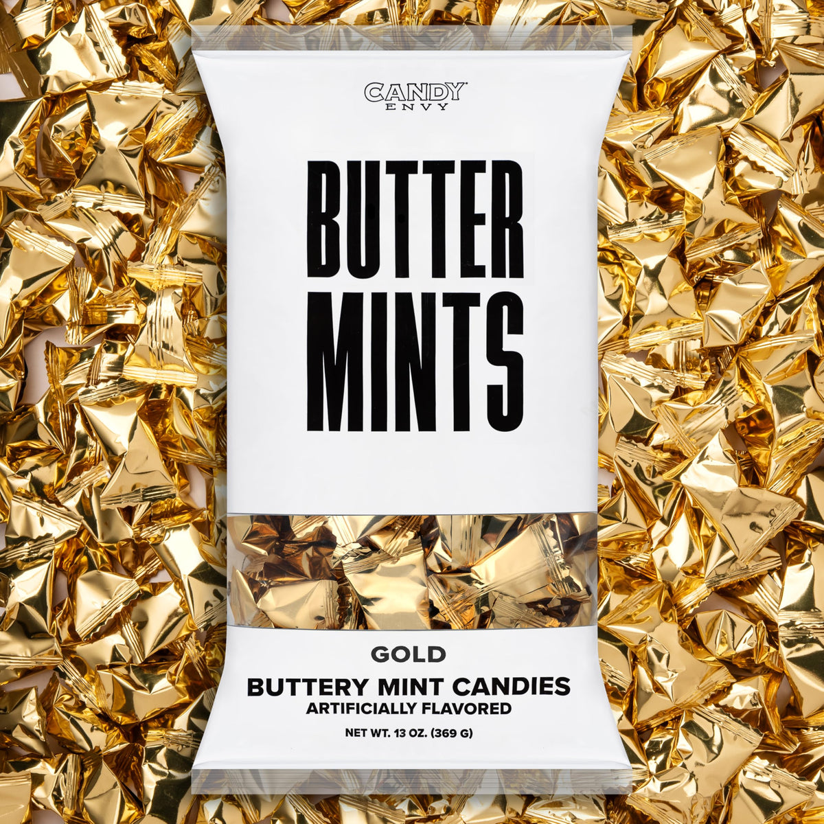 Candy Envy gold-foil wrapped buttermints in a 13oz bag for elegant gifting.