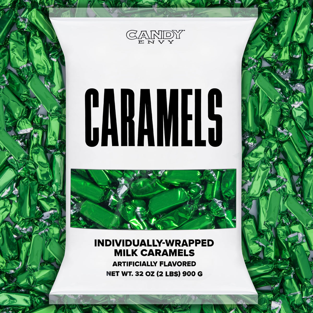 Candy Envy green wrapped caramels in a close up; premium packaging and inviting texture.