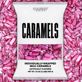 Candy Envy caramels with hot pink wrappers, ideal for gifting.