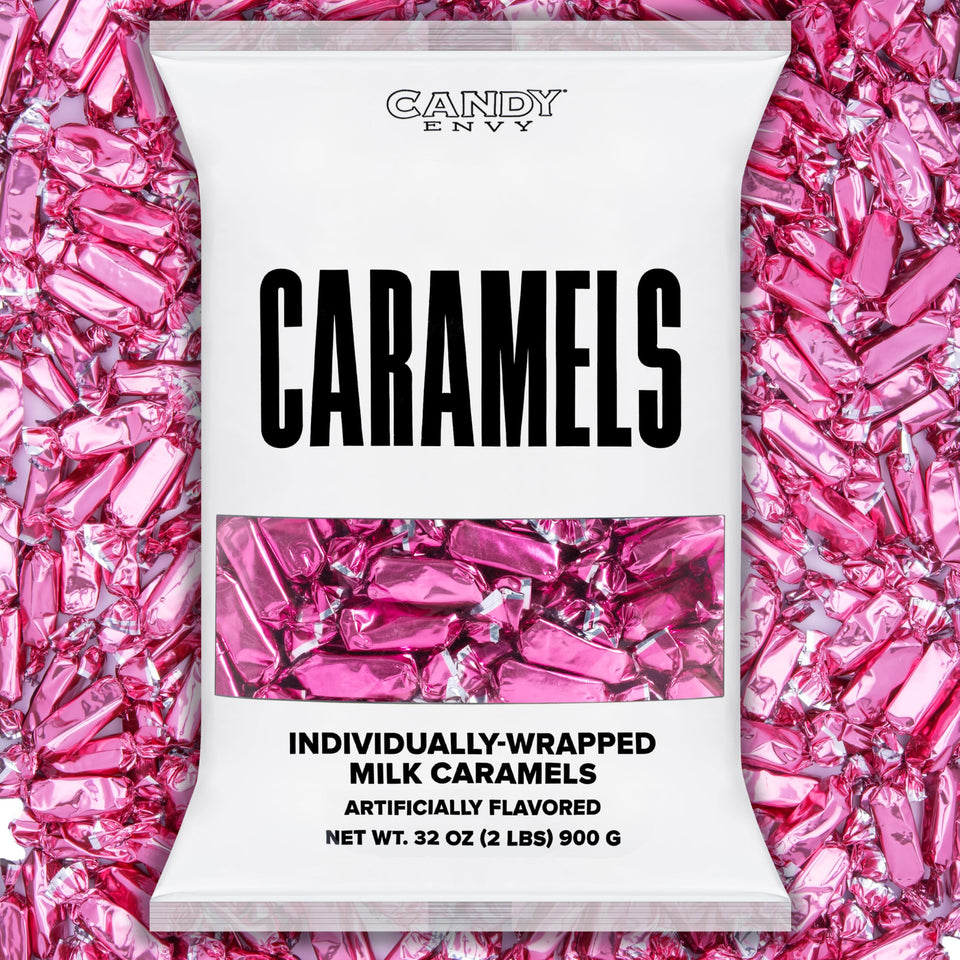 Candy Envy caramels with hot pink wrappers, ideal for gifting.