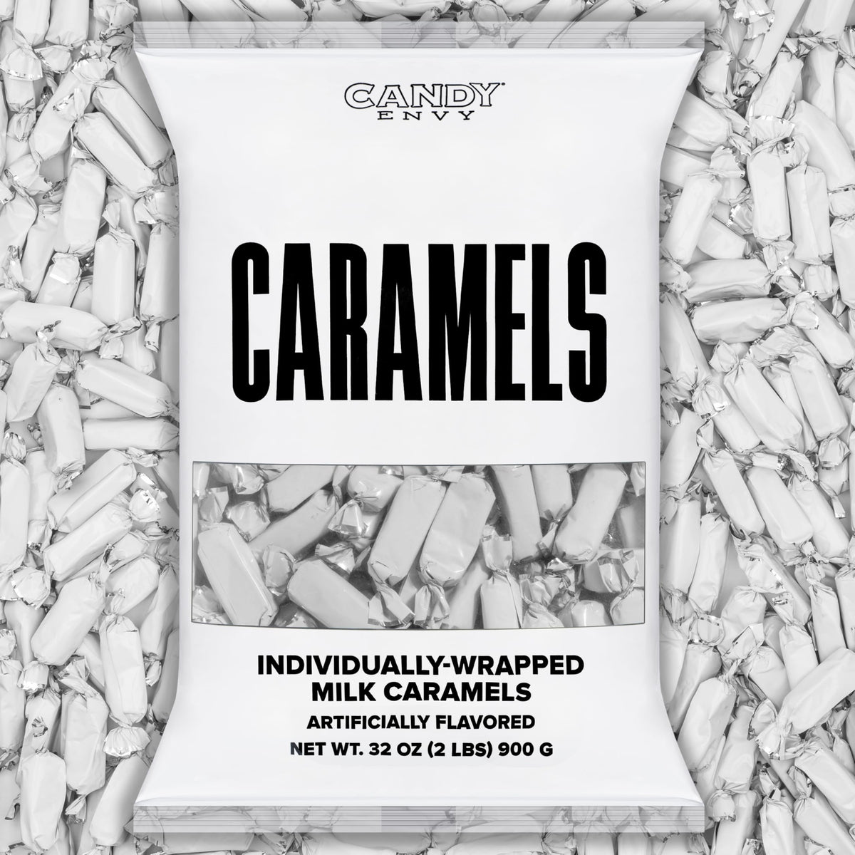 Candy Envy caramel in a white wrapper ready for gifting or sharing.