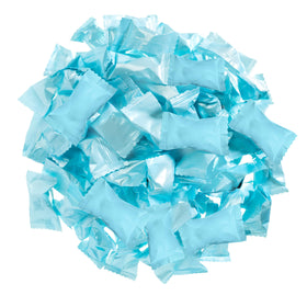 Candy Envy individually wrapped light blue mints presented in a dish