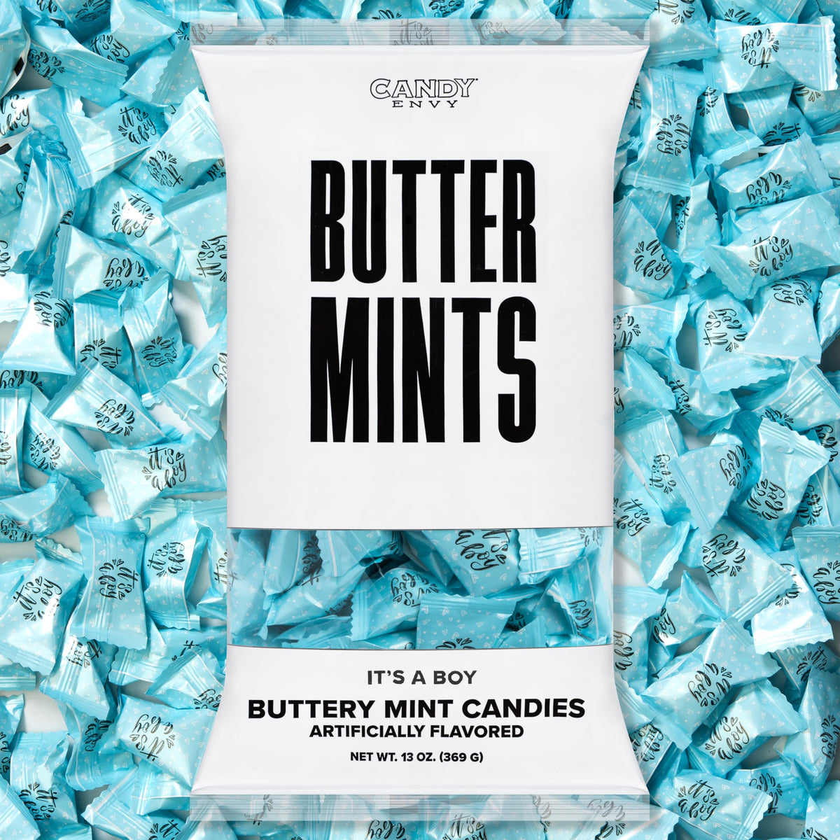 Candy Envy It's a Boy Buttermints bag front, ideal for baby shower party favors