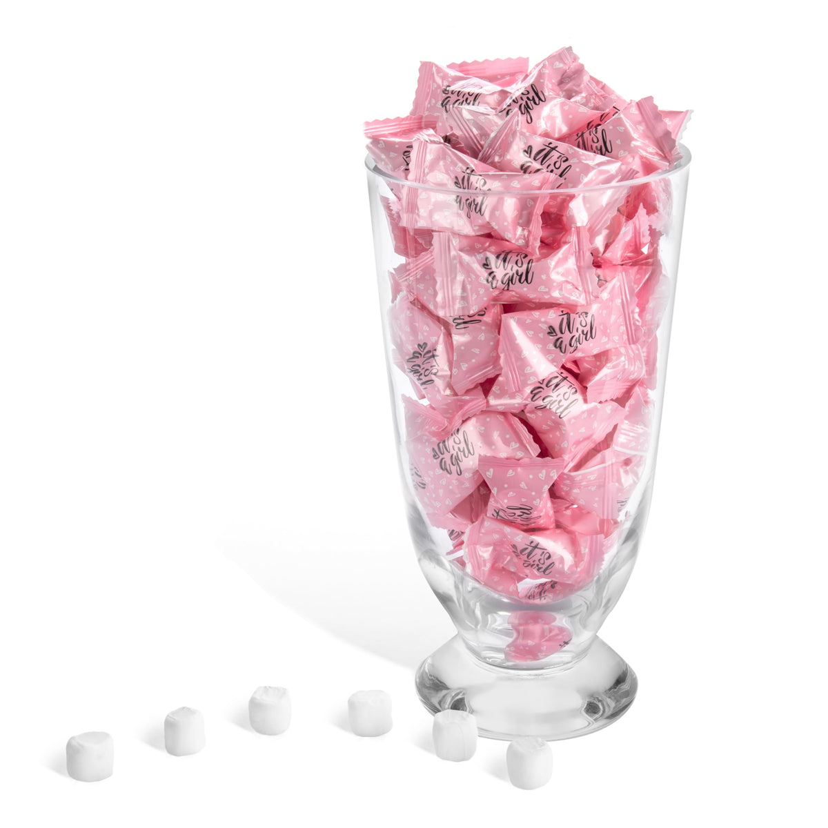 Candy Envy It's A Girl Buttermints on a favor bag display for guests.