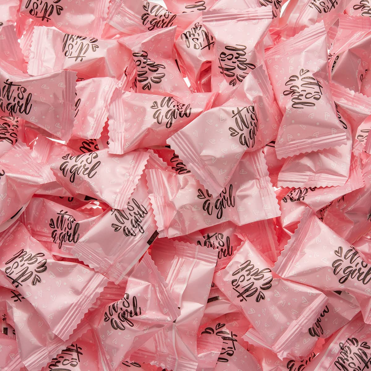Candy Envy It's A Girl Buttermints wrappers close-up, ideal for favors.