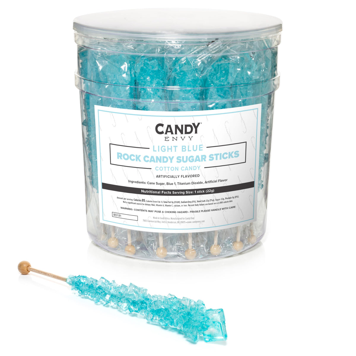 Candy Envy light blue rock candy stick in clear wrap, ideal for party favors.