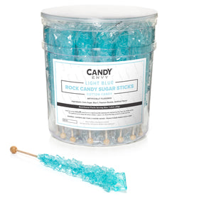 Candy Envy light blue rock candy stick in clear wrap, ideal for party favors.