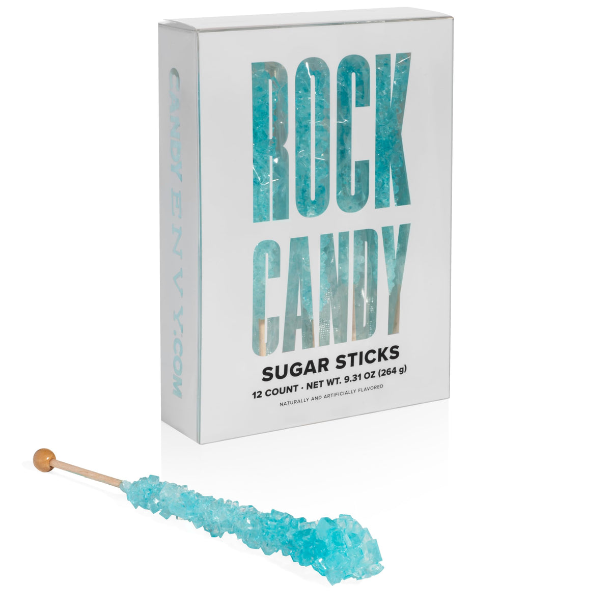 Candy Envy light blue rock candy stick with cotton candy flavor, ideal party favors.