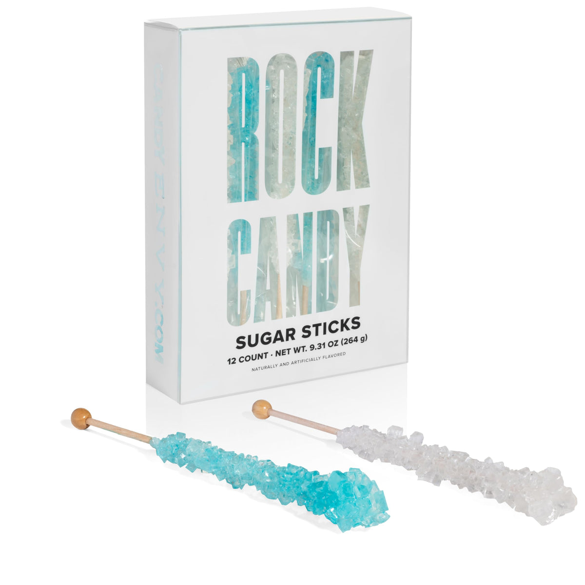Candy Envy light blue and white rock candy stick for nostalgic party favors.