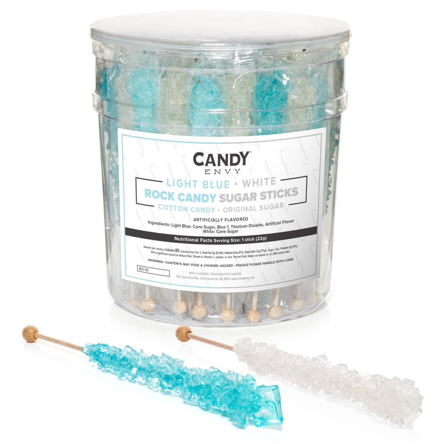Candy Envy light-blue and white rock candy sticks in a 36-pack, ideal for party favors.
