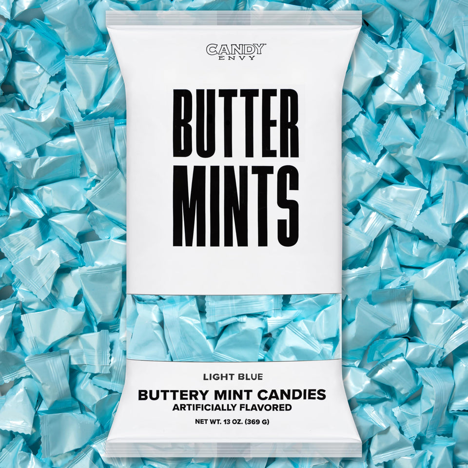 Candy Envy light blue wrapped buttermints in a 13 oz bag for celebrations