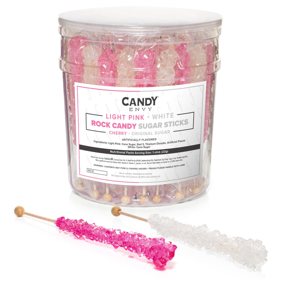 Candy Envy light-pink-white rock candy stick for celebrations, 36 individually wrapped pieces.