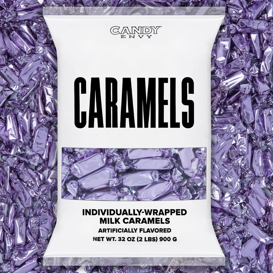 Candy Envy lilac-wrapped caramels ready for gifting.