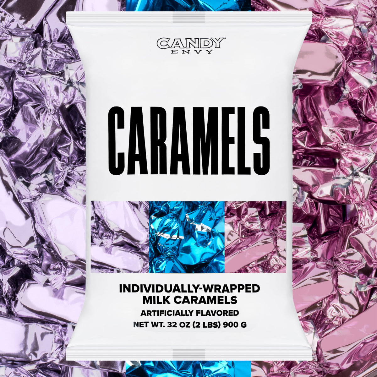 Candy Envy mermaid-wrapped caramels bag closeup with vibrant wrappers and bulk value