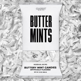 Candy Envy modern Mr. and Mrs buttermints in a 13oz bag, ideal wedding favors.