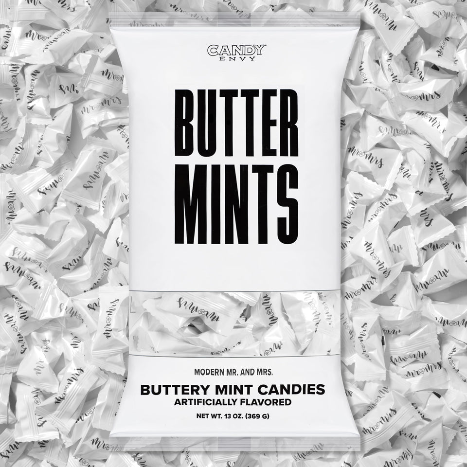 Candy Envy modern Mr. and Mrs buttermints in a 13oz bag, ideal wedding favors.