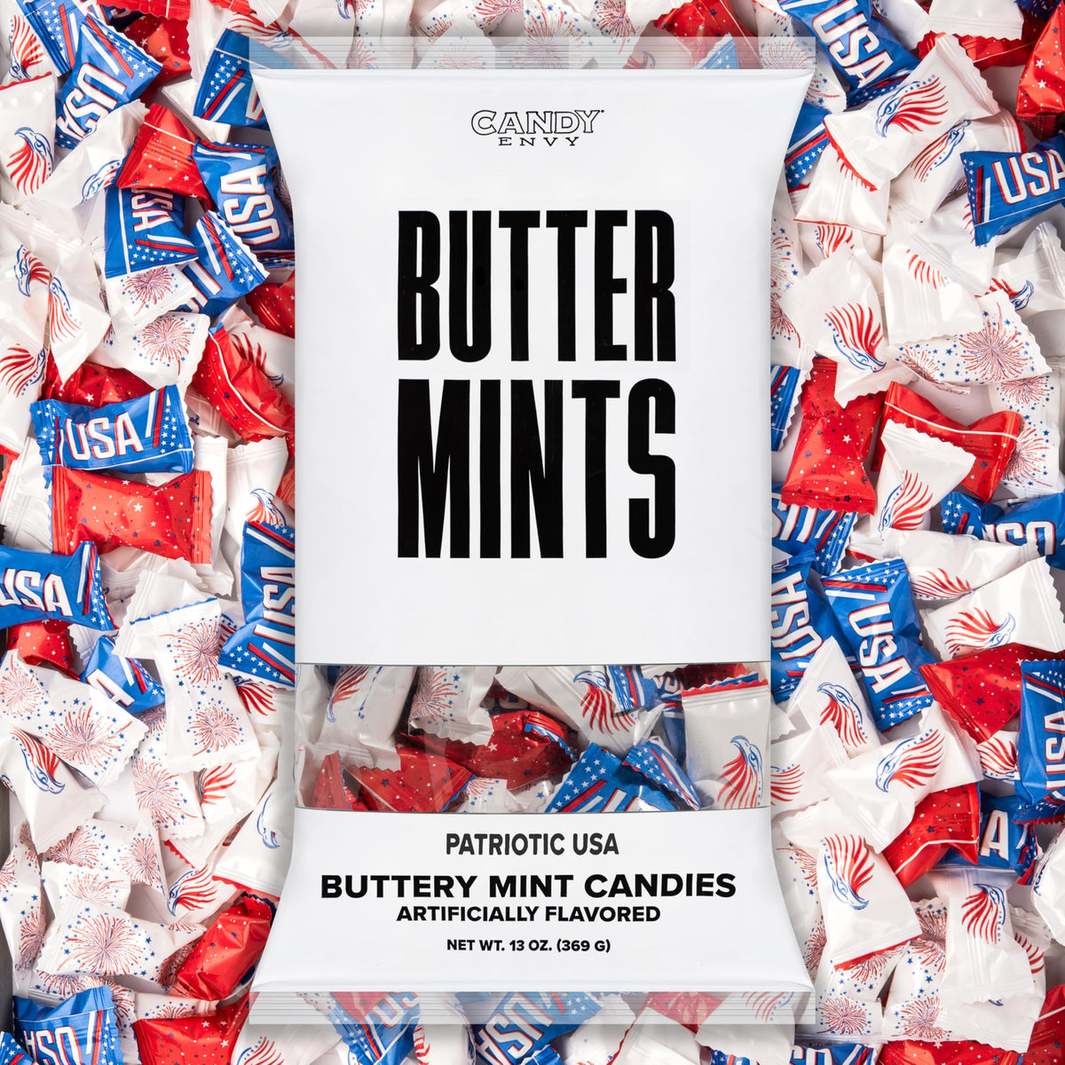 Candy Envy patriotic buttermints in a wrapper close-up for festive party favors.