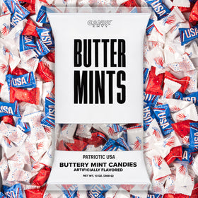 Candy Envy patriotic buttermints in a wrapper close-up for festive party favors.