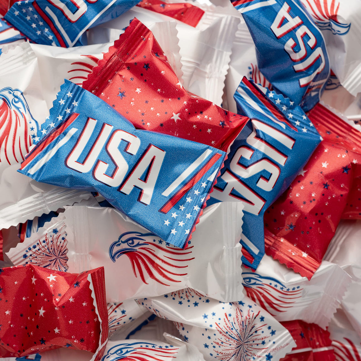 A bowl display of Candy Envy mints adds patriotic charm to gatherings.