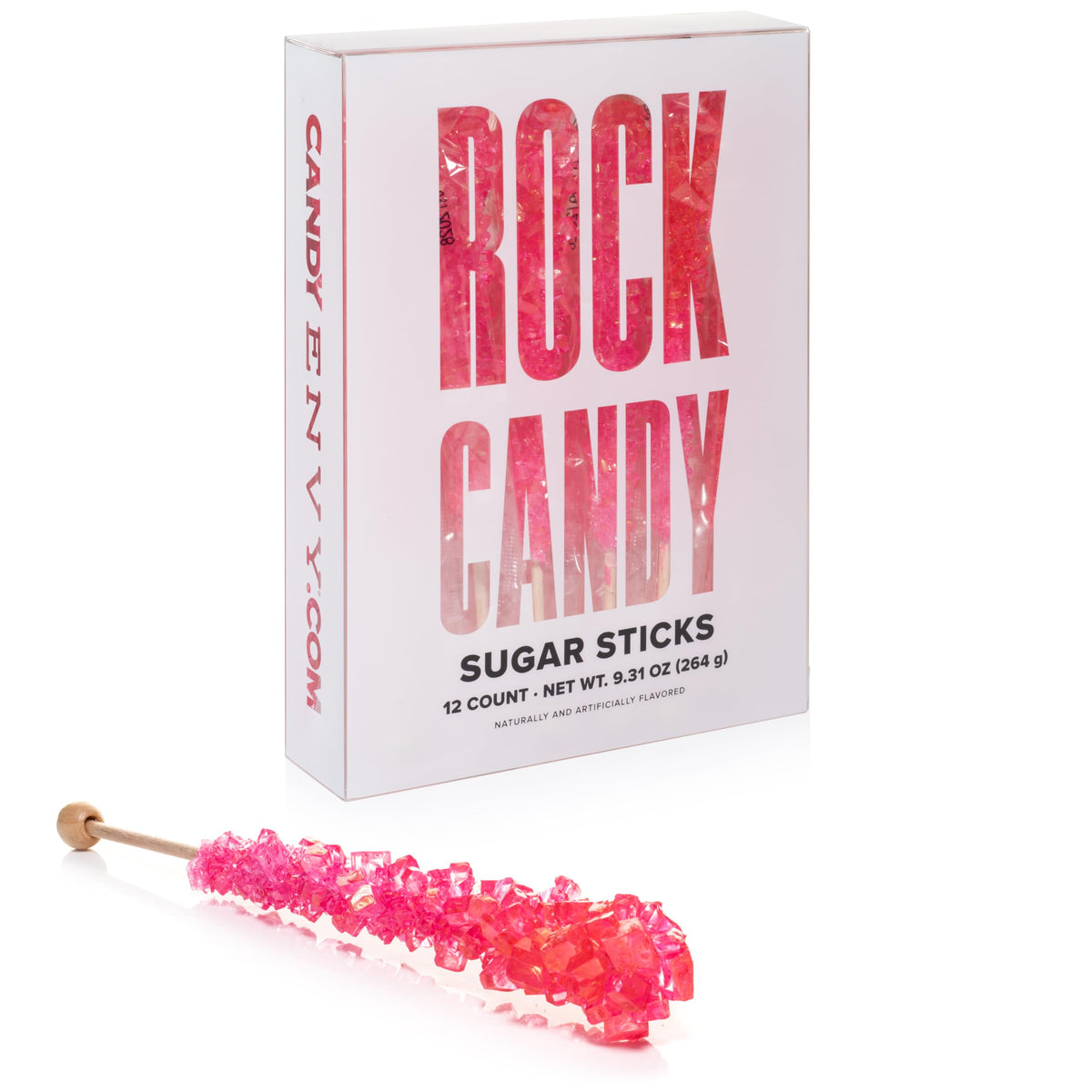 Candy Envy pink rock candy stick with cherry flavor, ideal for parties.
