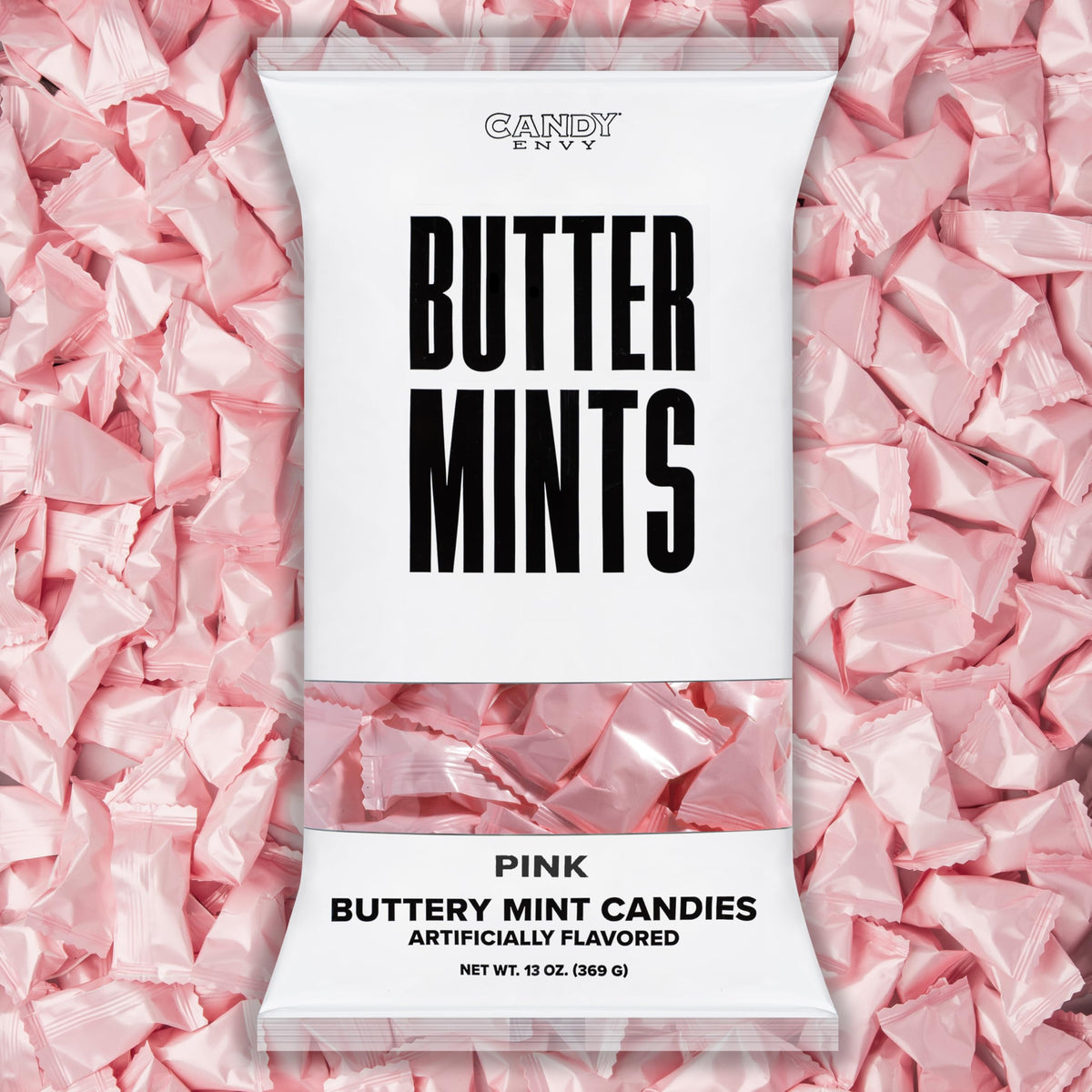 Candy Envy pink-wrapped buttermints in a 13 oz bag for elegant events.