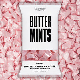 Candy Envy pink-wrapped buttermints in a 13 oz bag for elegant events.