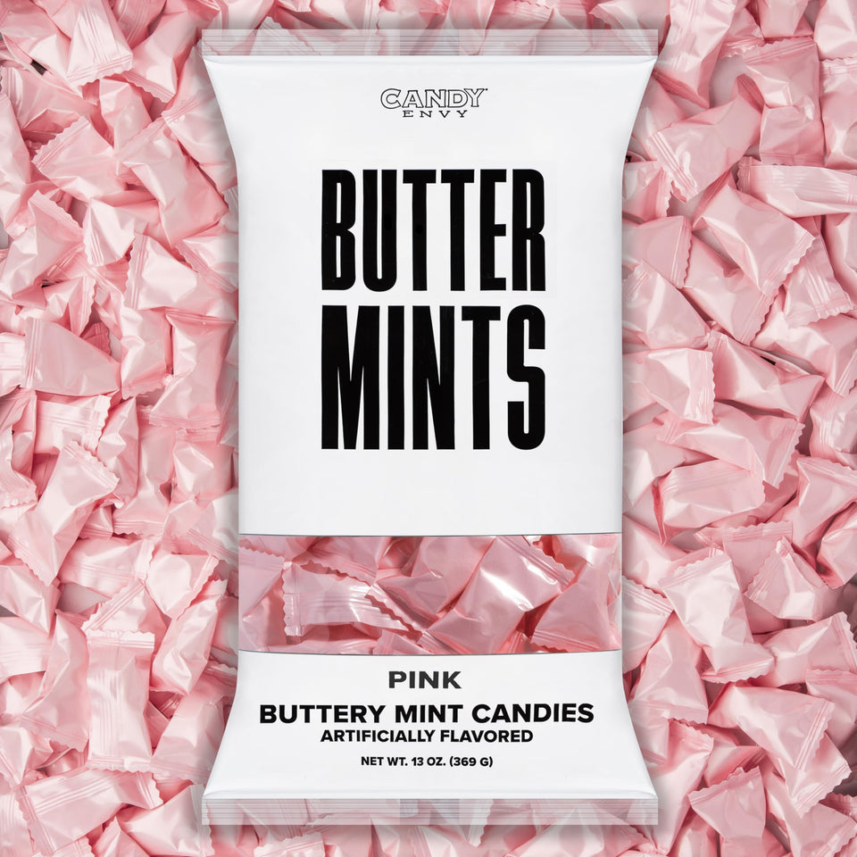 Candy Envy pink-wrapped buttermints in a 13 oz bag for elegant events.
